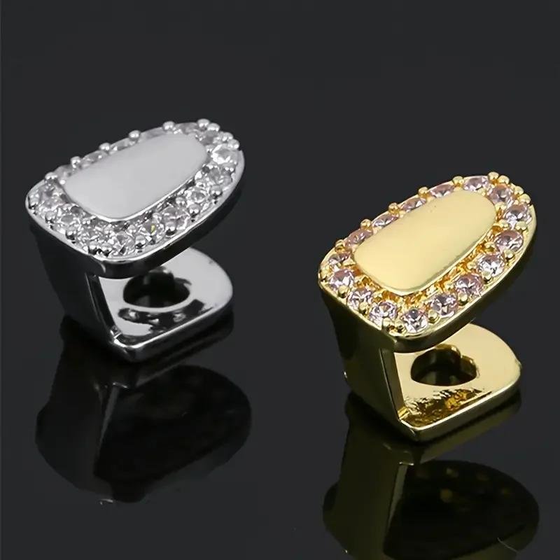 قطعتان من أسنان ملفوفة على شكل قلب - طراز الهيب هوب، نحاس مطلي بالذهب عيار 14 قيراط مع زركونيا صناعية، مثالي لجميع القديسين