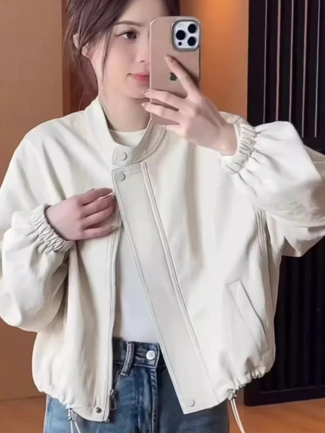 

Korean Style Stand Collar Loose Fit Biker Jacket Women's Spring 2026 Casual Versatile Slimming Top Small Size Friendly