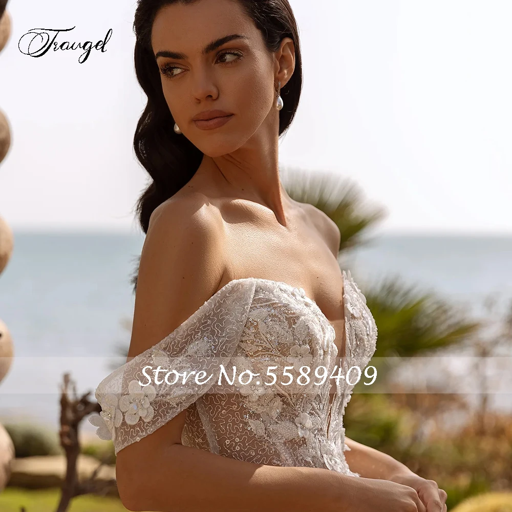Traugel exquisitos vestidos de novia Vintage con flores y cuello barco, apliques sin espalda de lujo, cola de corte con cuentas, vestido de novia de línea A