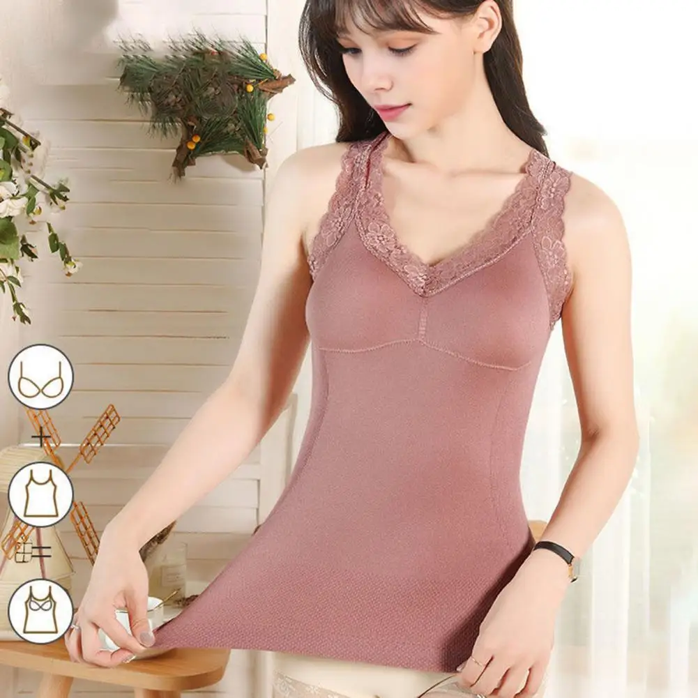 

Women Bottoming Vest with Chest Pads Seamless Sleeveless Pure Color Stretchy V Neck Lace Camisole Summer Dating Office Winter Ba