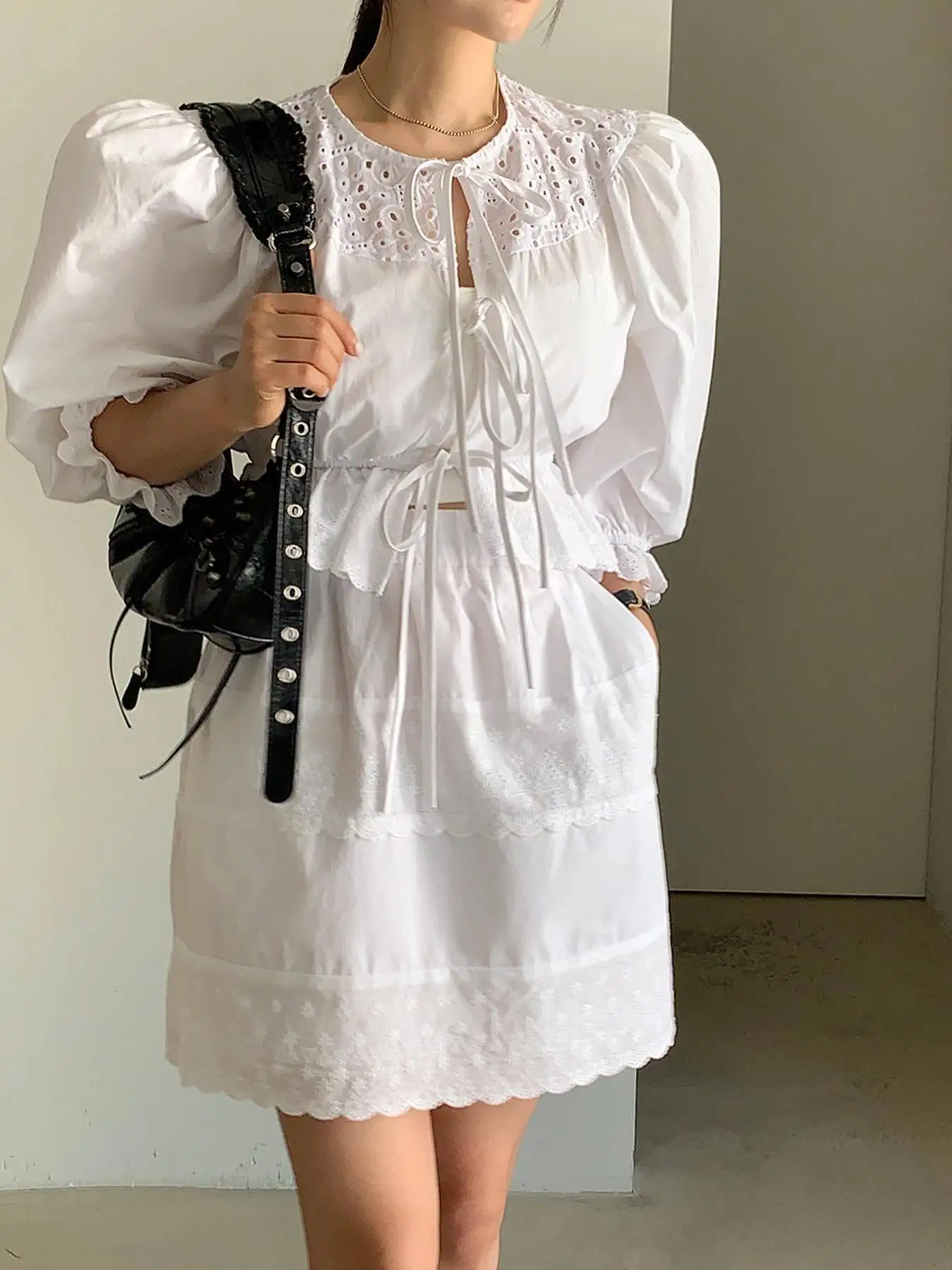 

Women's Bubble Sleeve Open Cardigan Top with Elastic Waist Floral Embroidery And Lace Trim Skirt Set Sweet Style Spring Autum...