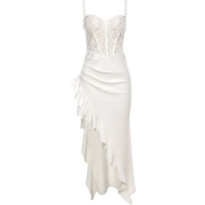 Backless Party Elegant Sexy Slit Hem Women Dress American Irregular Ruffle Edge Suspender Dress