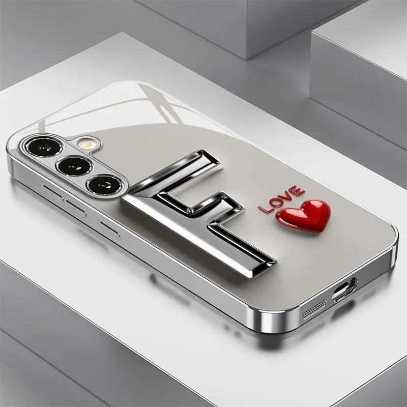 Love metal letter F pattern glass phone case suitable for Samsung Galaxy S26 S25 S24 S22 S21 S20 FE/Ultra/Plus hard case