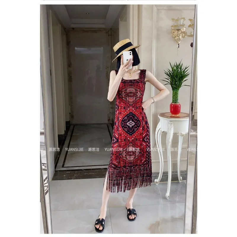 SMVP 여성 우아한 드레스 스퀘어 넥 민소매 빈티지 인쇄 술 디자인 느슨한 대형 캐주얼 드레스 2025 여름 새로운