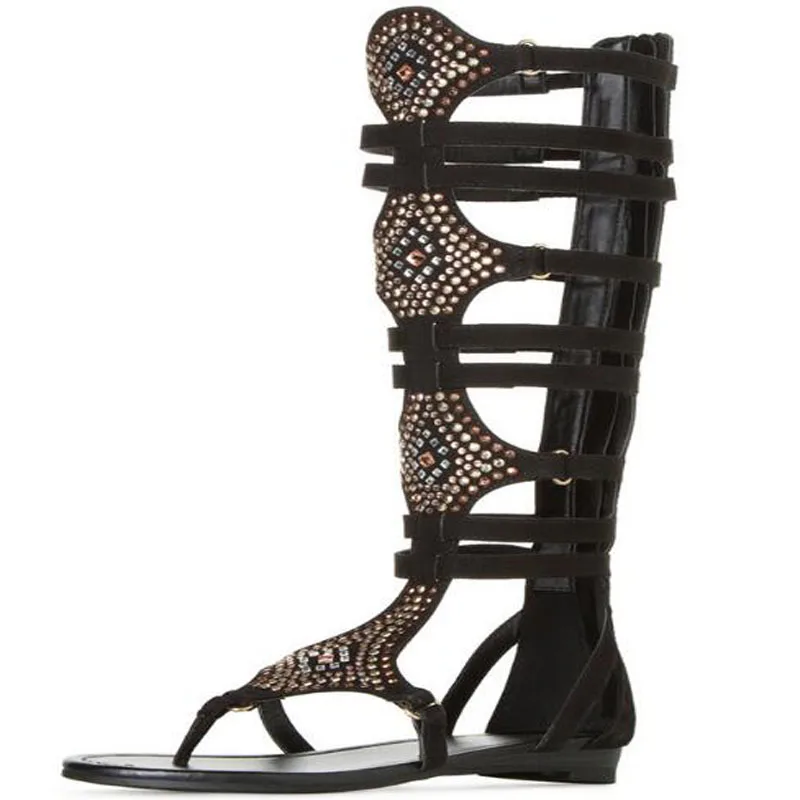 Летние женские черные замшевые цветные сандалии-гладиаторы со стразами и полым носком на плоской подошве до колена, римские сапоги с вырезами