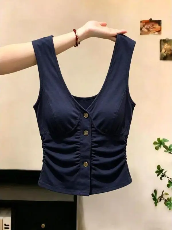 Slimming Blue Vest Women's Summer V-neck Belted Sling Top with Chest Pad Breathable Short Style Single Button Closure