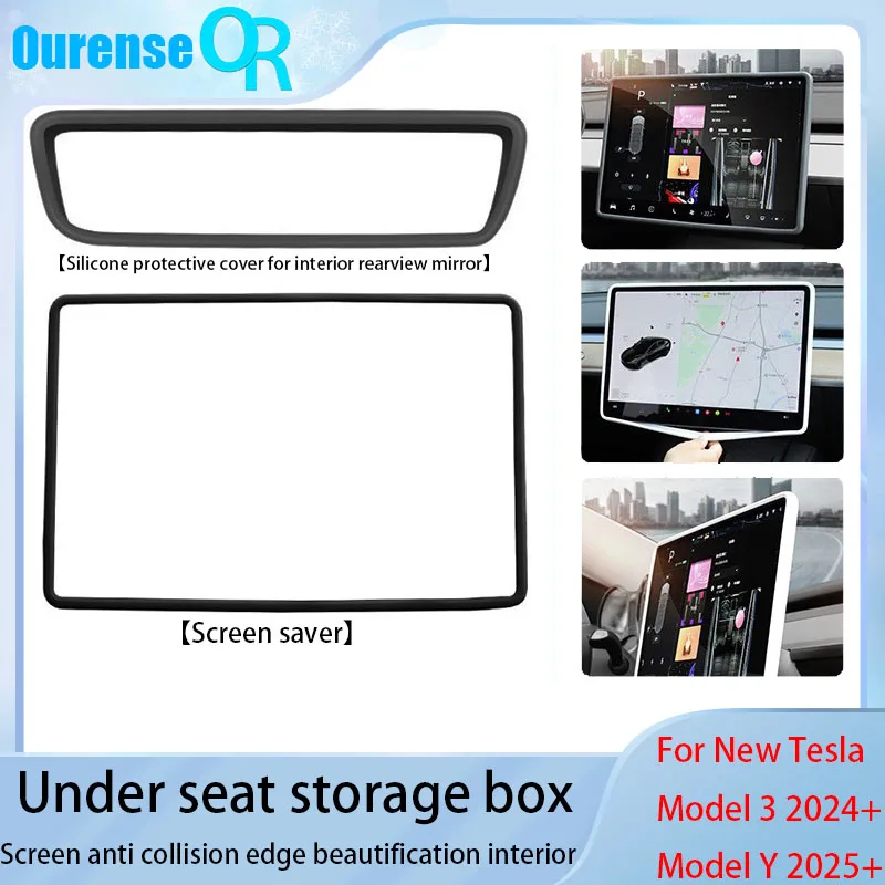 Silicone Protective Cover Set For Tesla Model 3 2017‑2024 Model Y 2021‑2025+ Rearview Mirror & Central Control Screen Anti‑Colli
