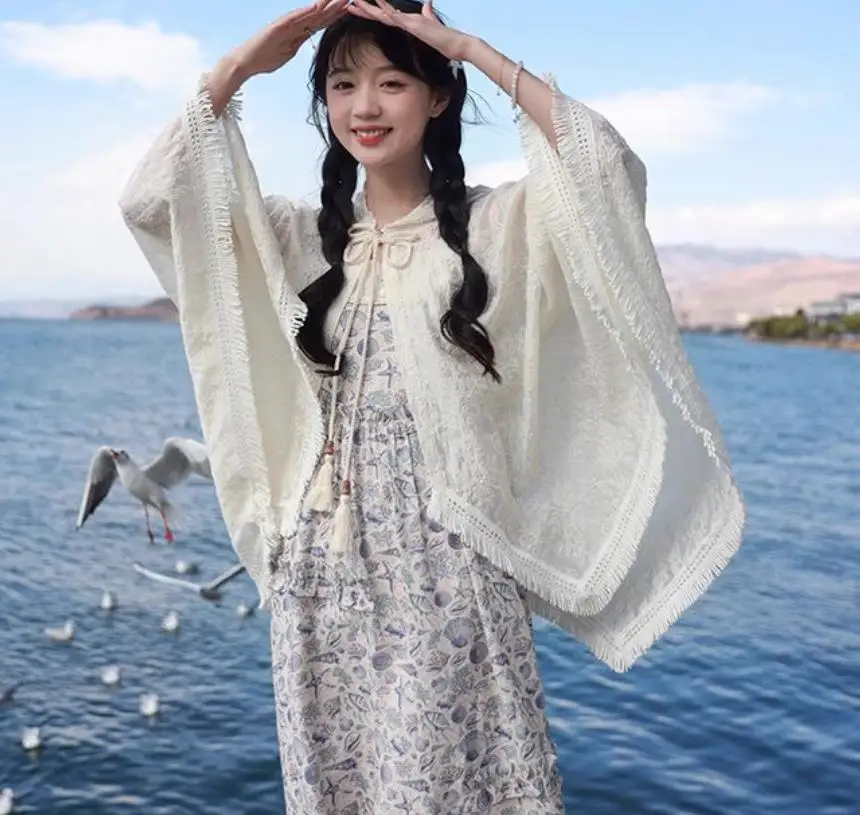 

Милая блузка с капюшоном, женская бежевая накидка-кардиган с вышивкой и бахромой