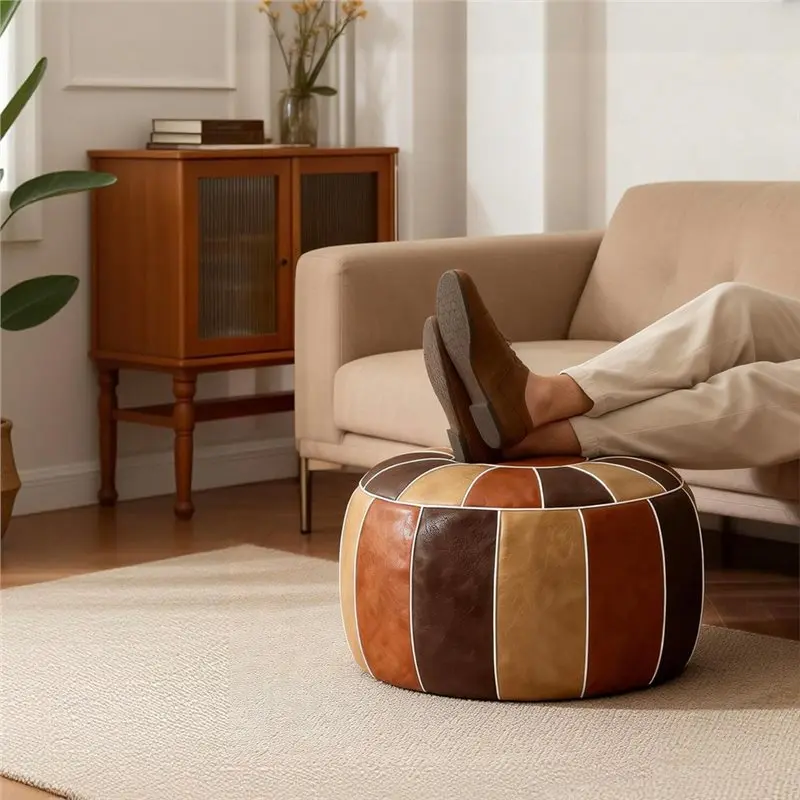 A76X-Unstuffed Faux Leather Moroccan Storage Pouf Foot Stool Ottoman Seat Handmade Bean Bag Floor Chair Foot Rest