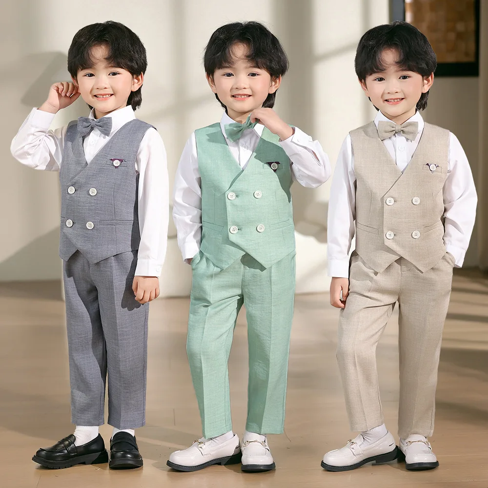 

2025 Little Boys Sping Summer Green Vest Photograph Dress School Kids Host Stage Performance Suit Children Wedding Costume