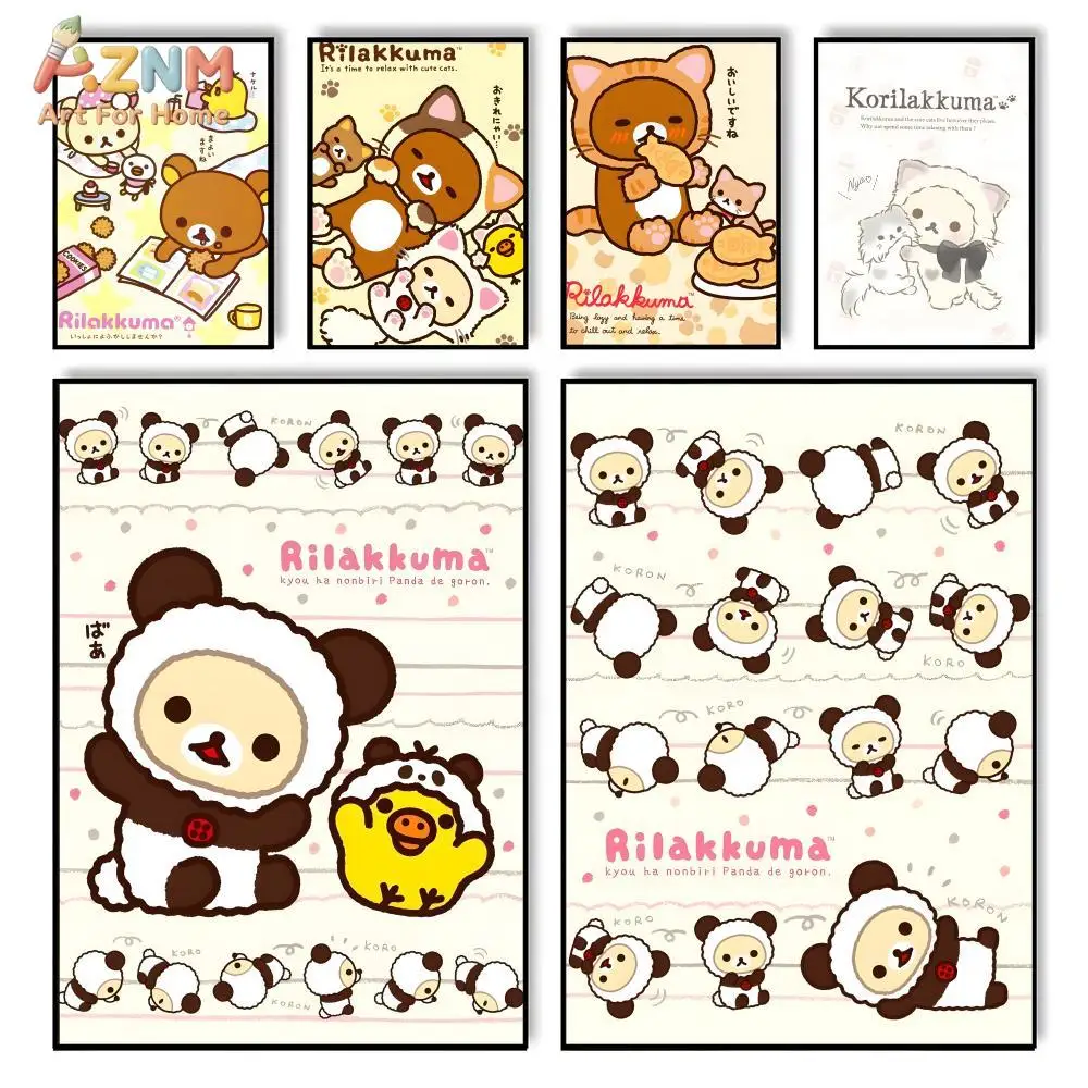 AZNM Rilakkuma - Lienzo decorativo con dibujos de osos, Panda Korilakkuma Kiiroitori, póster impreso, decoración de habitación Kawaii, sin marco