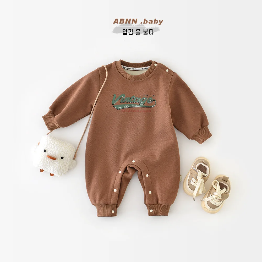 Korean Autumn Winter Baby Boys Jumpsuit Letter Printed Plus Velvet Cotton Infant Boys Rompers Toddler Boys Fleece Pullovers