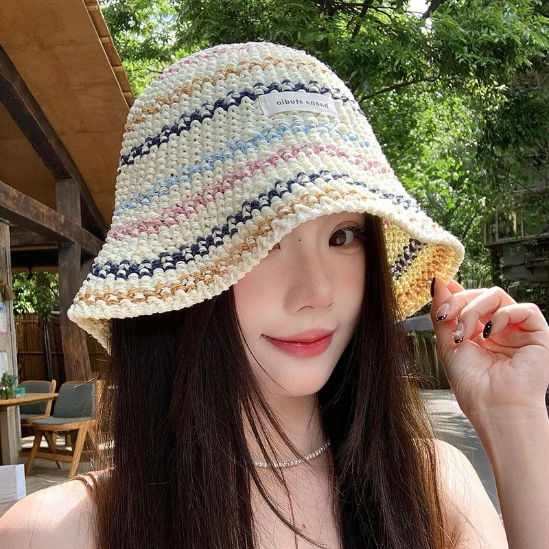 2026 New Japanese Colored Striped Straw Bucket Hat Women's Summer Vacation Hollow Breathable Thin Shade Foldable Sun Caps