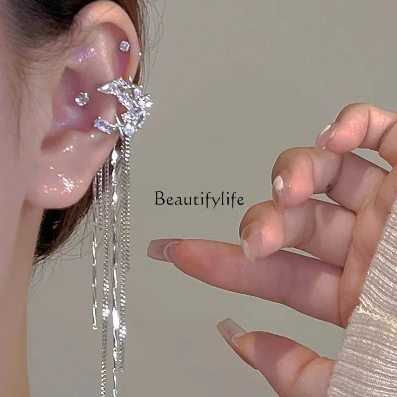 Zircon Mangstar Moon Earrings Female Tassel No Ear Piercing Earclip Temperament Long Cold Wind