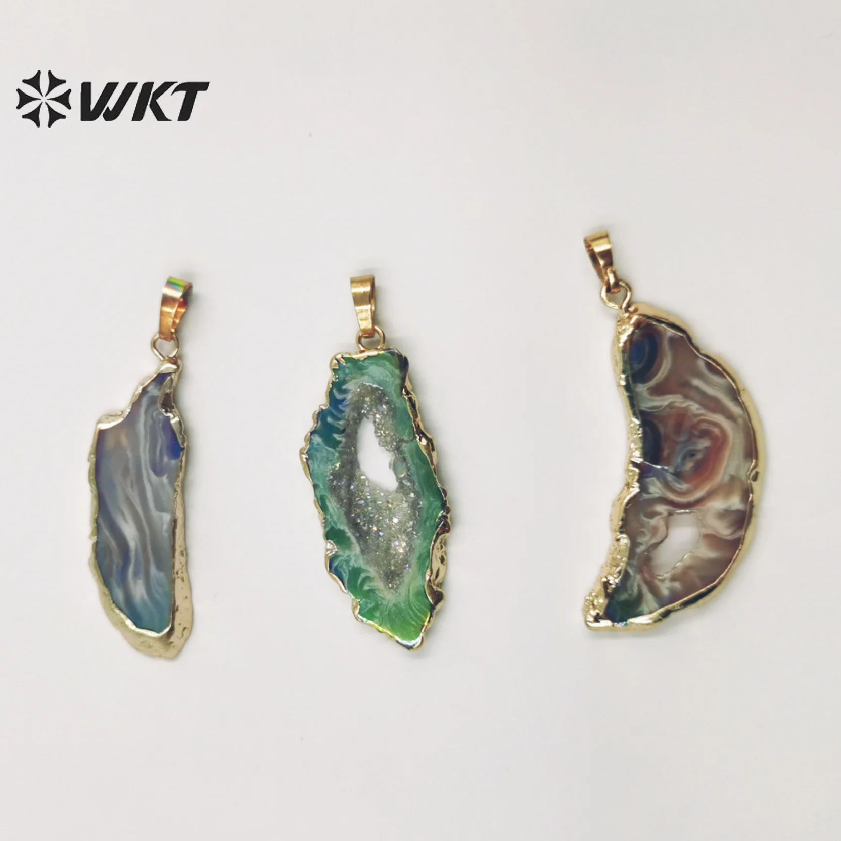 WT-P1814 Newest Natural Geode Agate Aura Pendant With Gold Edged Slice Angel Stone For Jewelry Necklace Handmade