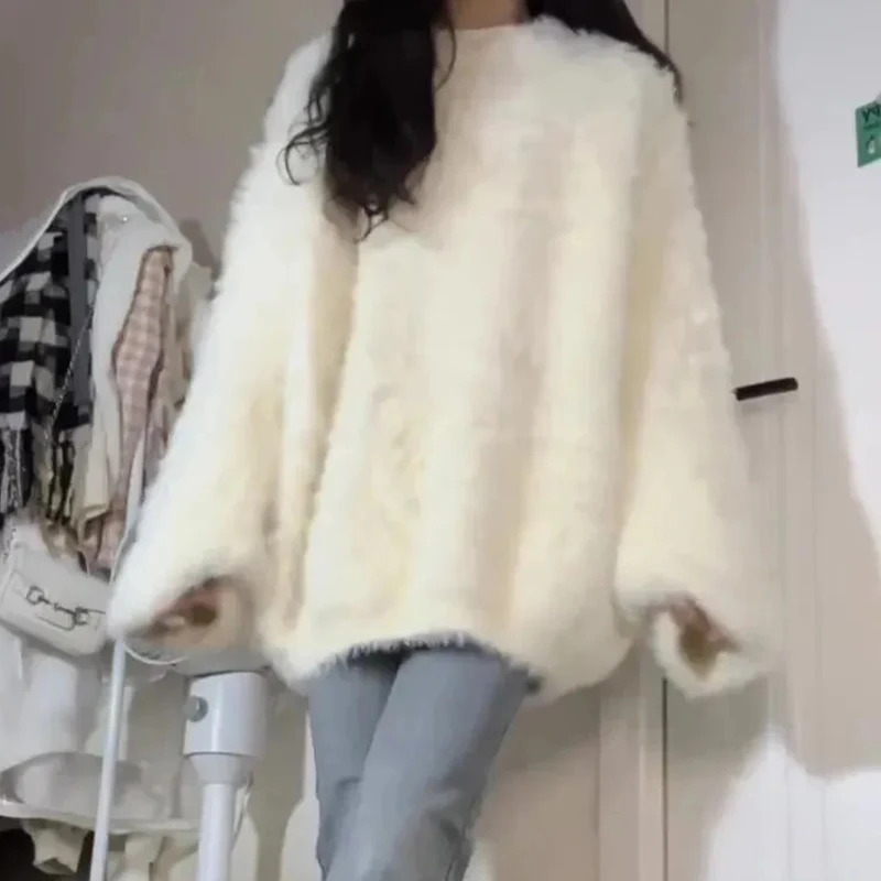 フランスの優しいスタイル模造ミンクフリース白プルオーバーセーター女性のための秋冬ルーズソフトコンフォート暖かいニットトップ