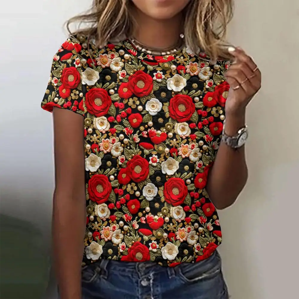 2024 Letnie nowe koszulki damskie 3D Flower Print Moda Krótki rękaw T shirt Casual Loose Tops Trend Odzież damska Streetwear