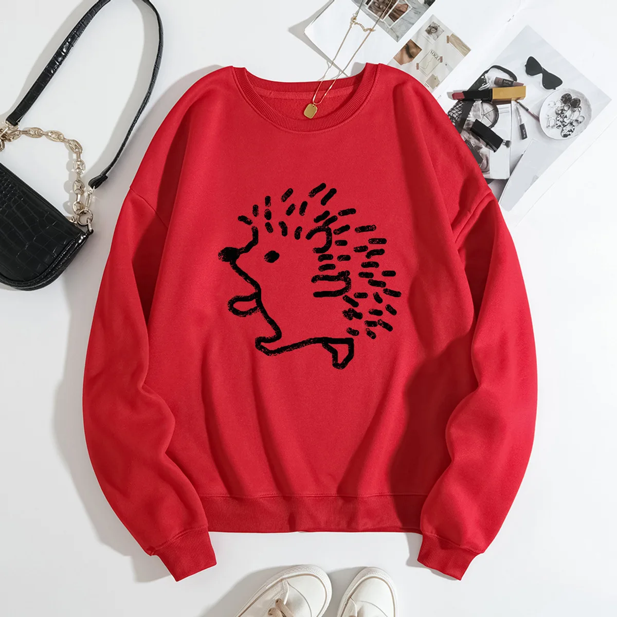 Europäische und amerikanische Frauen lose Rundhals Langarm Hoodie Frauen Mantel niedlichen Igel Print Sweatshirt Kleidung