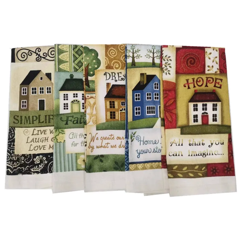 1Pc 38x63cm Vintage Colorful House Printed Cotton Tea Towel Kitchen Dishcloth Cleaning Tool New Year Gift