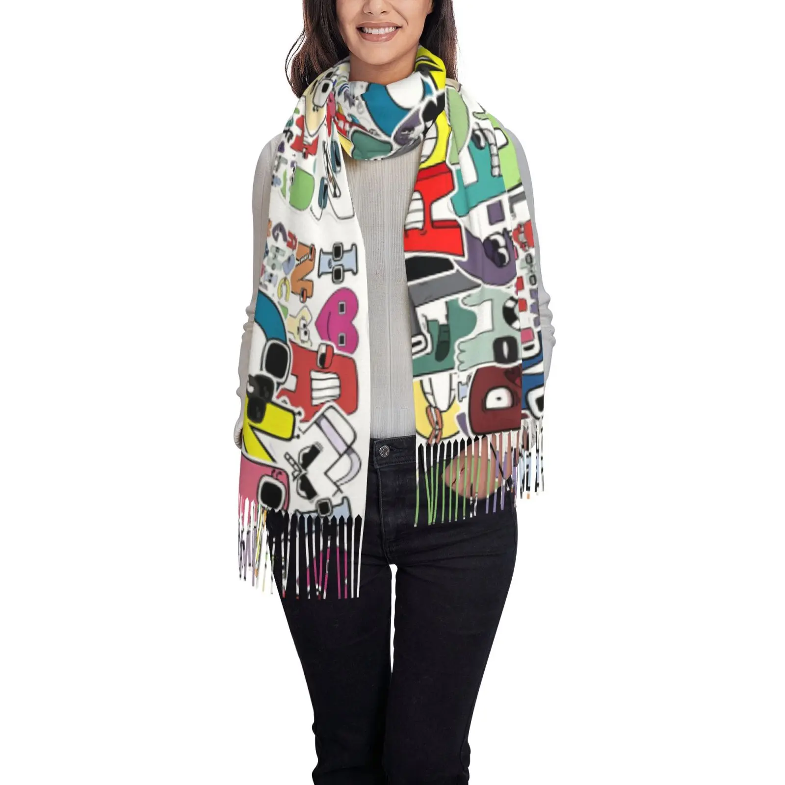 Graffiti Cartoon Sticker Pattern Scarf for Women Large Tassel Shawl Soft Warm Wrap Cape Travel Daily Cover Up