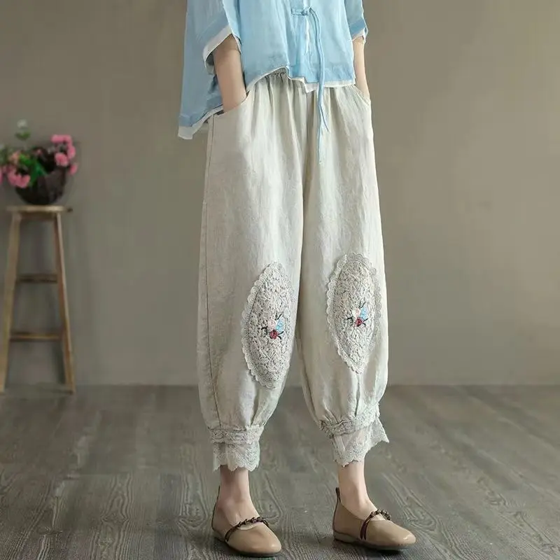 

Lace Embroidery Cotton Linen Pants 2025 New Women Solid Color Ankle-length Pant Woman Lace-up Waist Loose Trousers Harem Pants