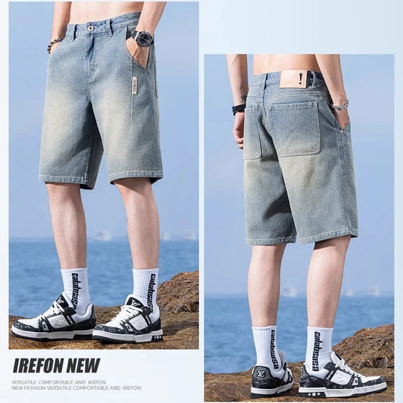 Men Trend Starry Sky Pattern Jeans Male Summer American Vintage Lightweight Breathable Denim shorts Loose Straight Casual Shorts view 4