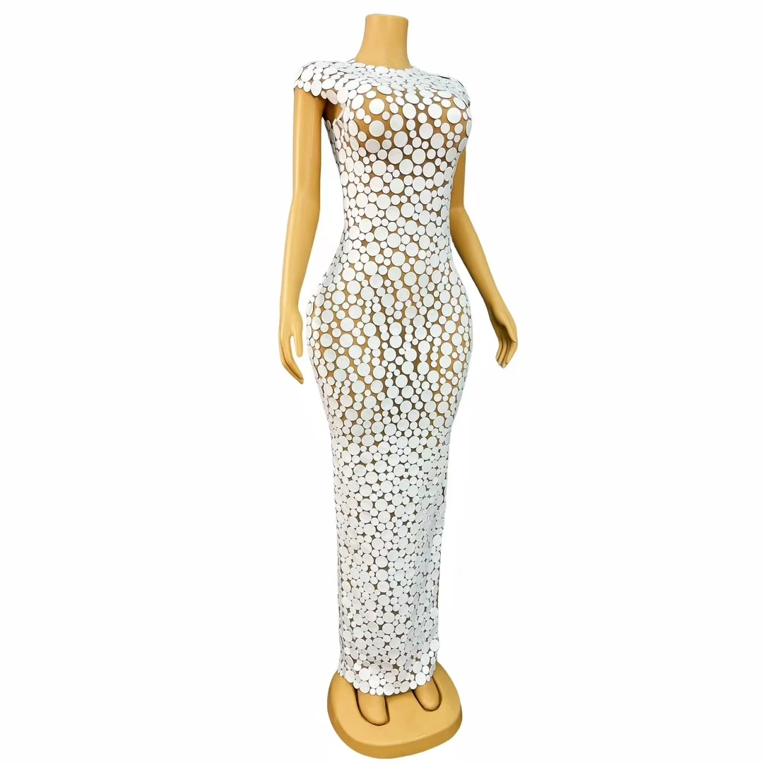 Xiaoxue Women Cap Sleeve White Circle Patchwork Mesh Maxi Dress Sheer See Through Bodycon Stage Party Costume