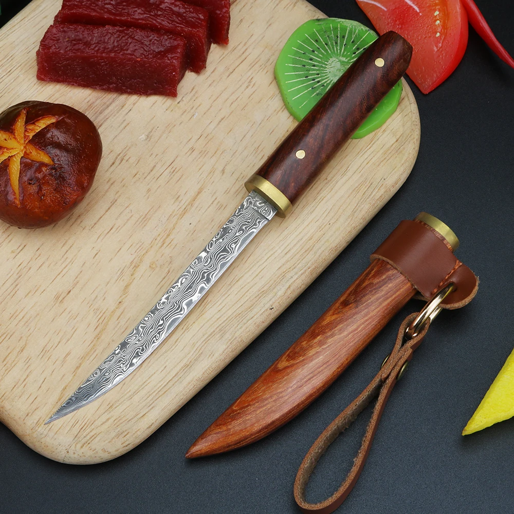 XUANTENG Wooden handled chef knife Damascus steel knife BBQ and meat cutting knife Kitchen multifunctional fruit knife