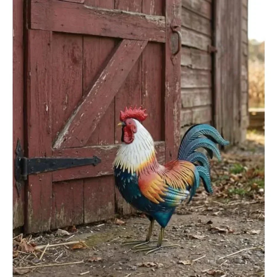 Handcrafted metal rooster statue for farmhouse yard art decor, rust-resistant iron, rustic red finish, weatherproof and durable