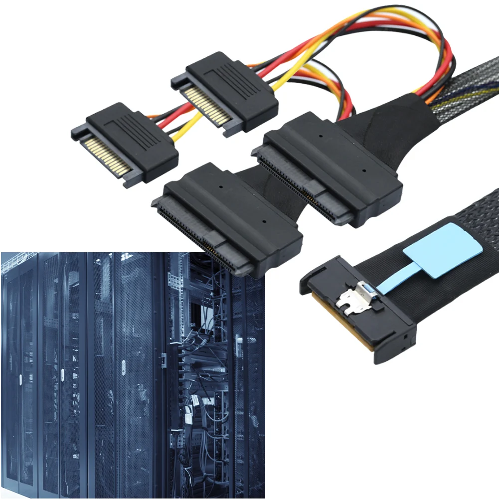 

50cm Slimline SAS MCIO 8i 74 To 2-SFF 8639 Cable SSD Cable with SATA 15P Power Adapter Cable Connector Cable for PC Computer