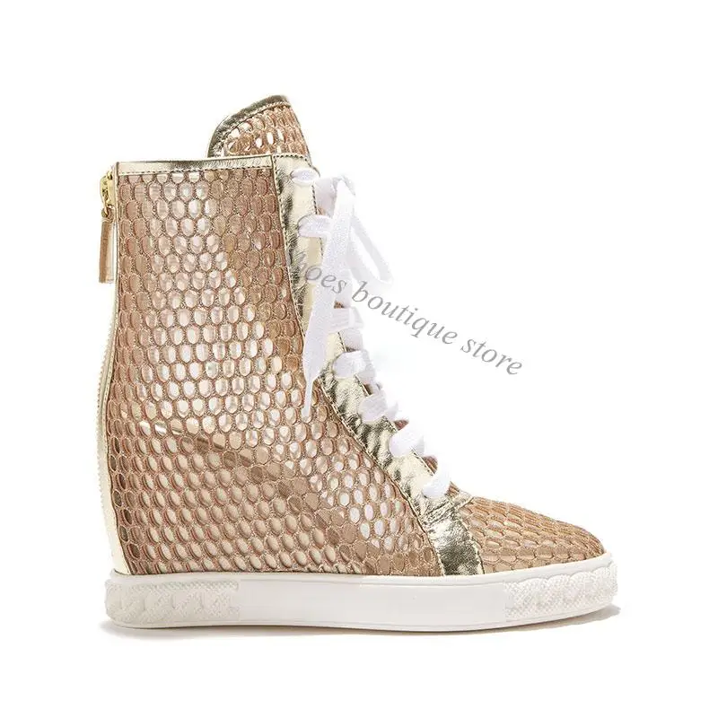 

Roman Hollow Air Mesh Ankle Booties Lace-Up Inner Height Increased Summer Women Shoes Back Zipper Black white Breathable Shoes