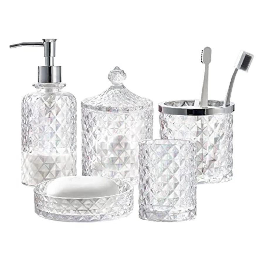 

Set of 5 Glass Bathroom Accessories Set Include Soap Dispenser and Tumbler and Soap Dish and Toothbrush Holder and Apothecary J