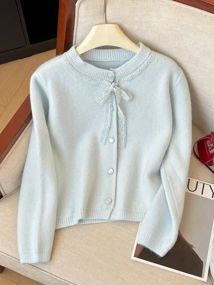 Damski kardigan z kokardą, długi rękaw, uroczy, z koronkowymi wstawkami, vintage, dzianinowy sweter, styl japoński preppy, słodki, casualowy, retro top, nowy