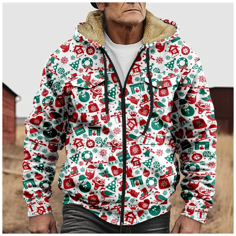 

New Christmas Cotton Coat Hooded Sweater Casual Print Men's Fur Loop Arctic Velvet Zipper Patch Pocket Hooded Sweater