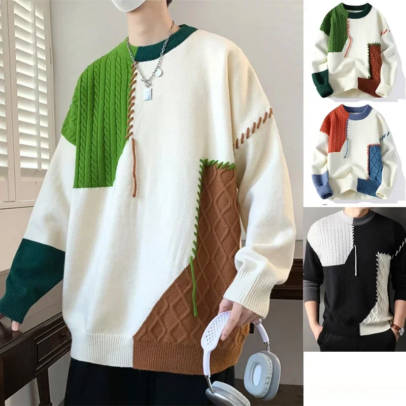 

Loose Men's Knitted Sweater Patchwork Twist Color Block Warm Outerwear Casual Winter Crew Neck Top Quality Knitted Knitwear Male