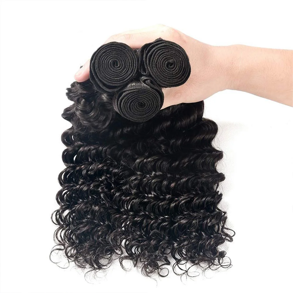 QIYING Deep Wave Bundles With 4x4 Lace Closure 12A 100% Virgin Human Hair Weave Extensions Free Part Natural Black Double Weft Curly Human Hair Bundles With Closure Local In Stock Fast Shipping For Women