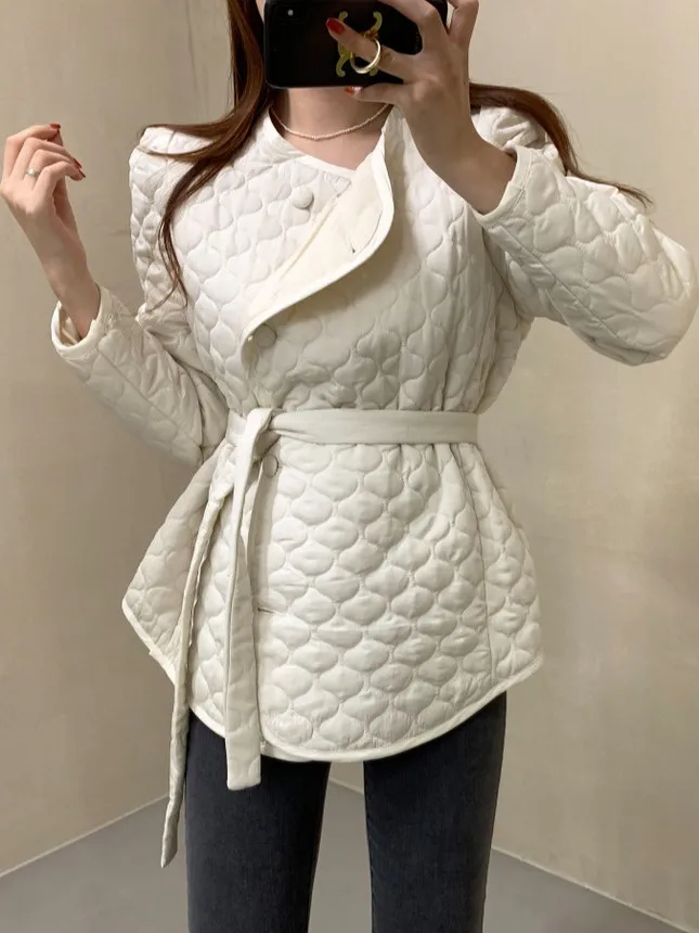 

Retro round Ne Simple Faion Single Button Belted Waist Cotton Jaet Women's Winter Warm Coat Bubble Sve Straight Cut