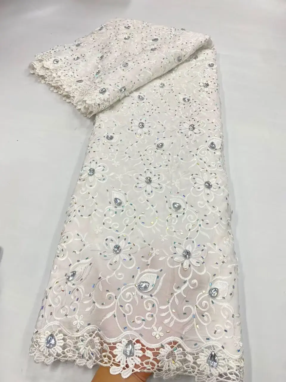 2026 High-Quality African Nigerian Sequins Cotton Embroidery Lace Fabric Tulle for Luxury Prom Party Dresses Chiffon 5 Yards