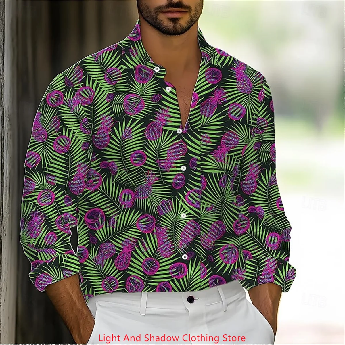 Men's Tropical Plant Palm Tree Pattern Printed Shirt Fashion Hawaiian Style Long Sleeve Collar Shirt Street Comfort Shirt