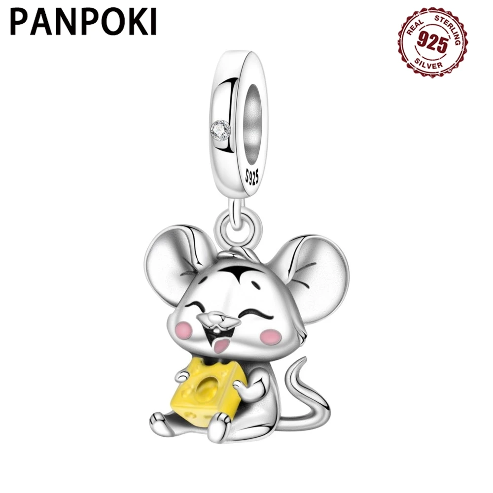 PANPOKI 925 Sterling Silver Cute Mouse Eating Cheese Original Pendants Bracelet Charms Jewelry Party Beads DIY Trendy Gifts