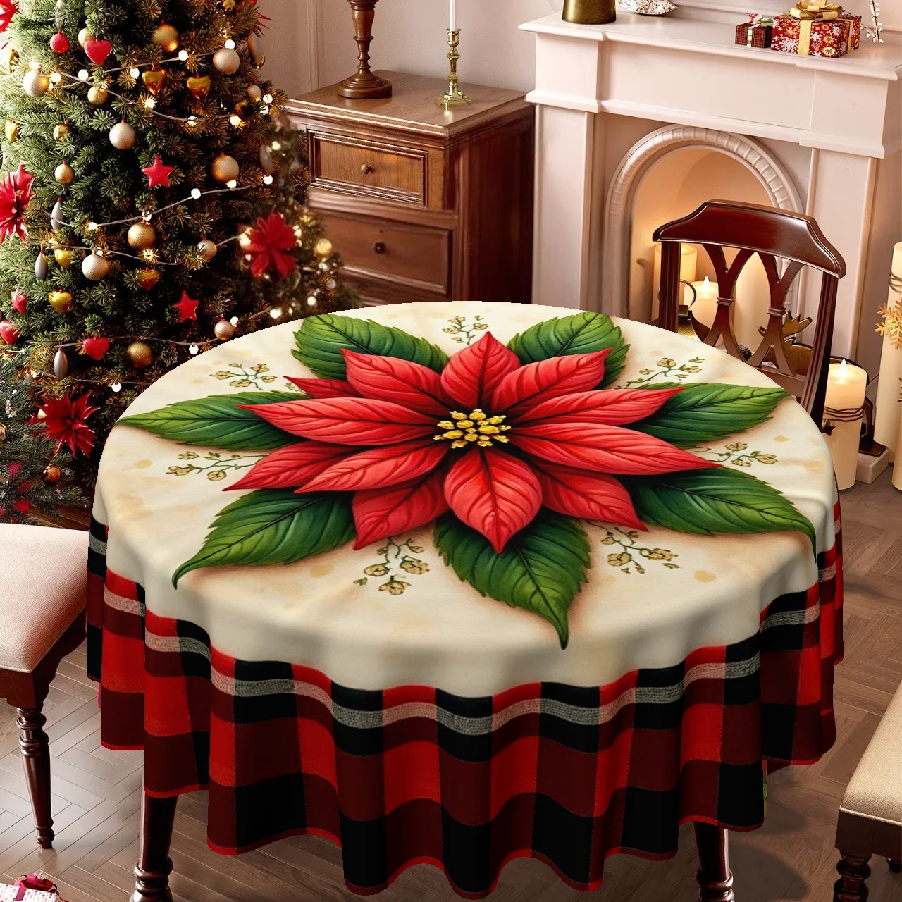 1 round Christmas-themed tablecloth with Christmas flowers and a checked border.