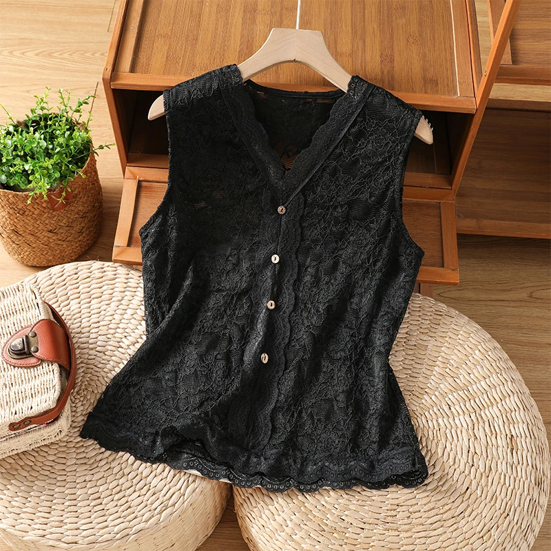 Korean Style Lazy V-Neck Lace Trim Heavy Duty Base Shirt Women Summer Design Casual Sleeveless Top Breathable Cotton Blend
