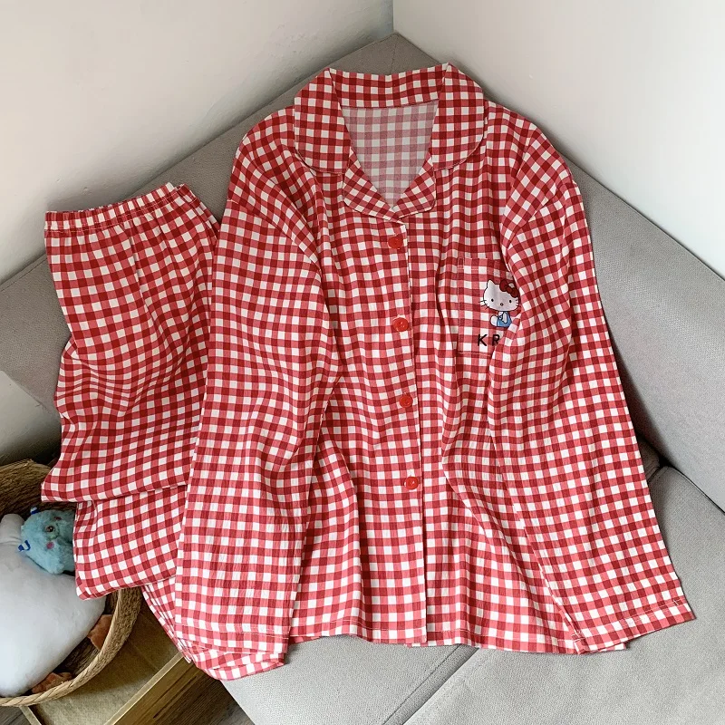 حجم كبير النساء مرحبا كيتي منامة مجموعة Kawaii Homewear طويلة الأكمام قطعتين بيجامة مجموعة فضفاضة ملابس خاصة الزي هدية الكريسماس #4