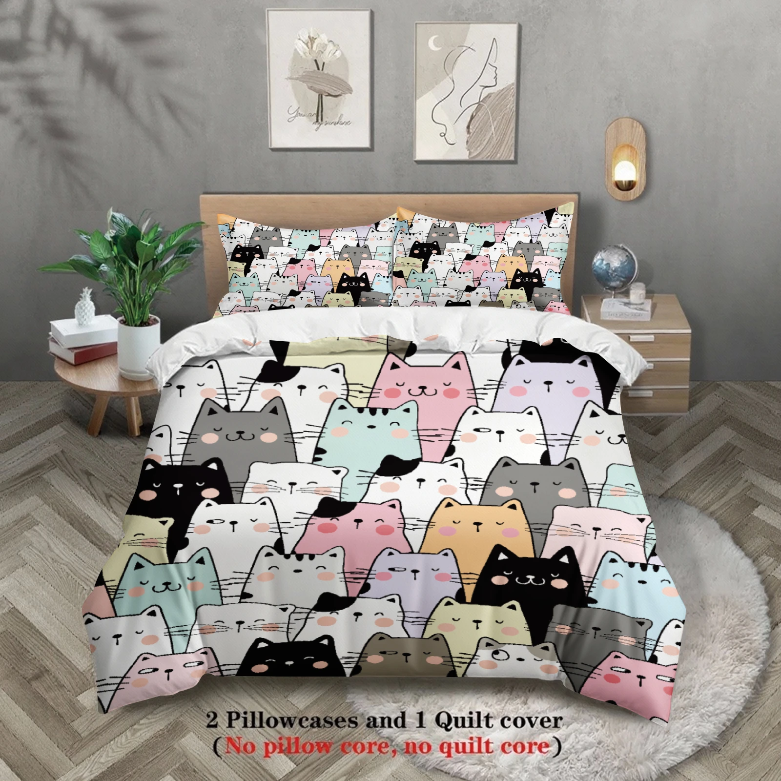 3pcs Cat Pattern Bedding Sets 3D Printed Cute Cartoon Cat Dormitory Twin Size For Students Duvet Cover Sets With 2Pillowcases