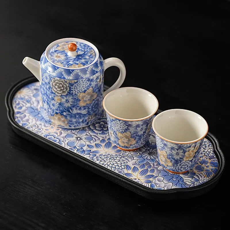 Unique Teapot Chinese Retro Ceramic Full Flower Teapot Teapot Tea Cup Dry Brewing Tray One Pot Two Cups Kung Fu Tea Set Set