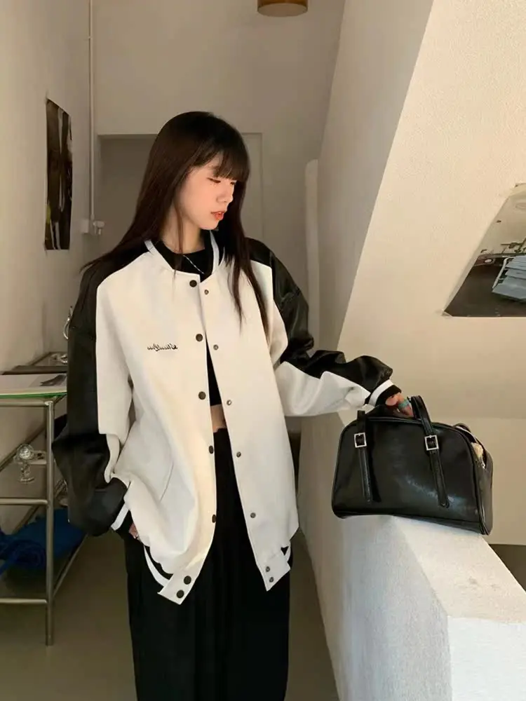 

Baseball Jackets Leather Womens Petite Harajuku Teens Workwear Spring Fishbone Lace-Up Retro Slant Kpop Safari Comforts Knitted