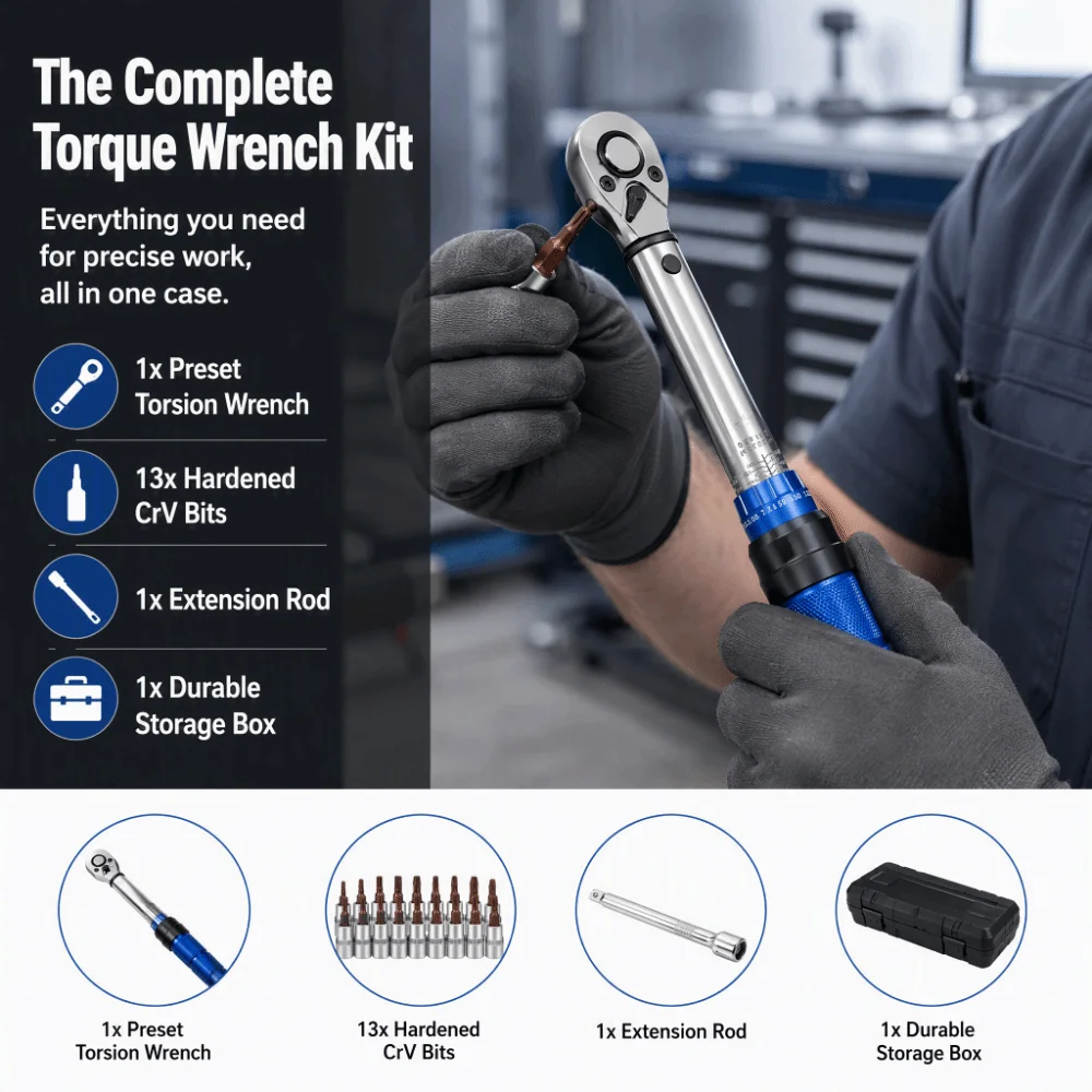 Precise Calibration 1/4 Inch Click Torque Wrench CrV Steel Adjustable Ratchet Torque Tool Durable Torque Wrench Kit