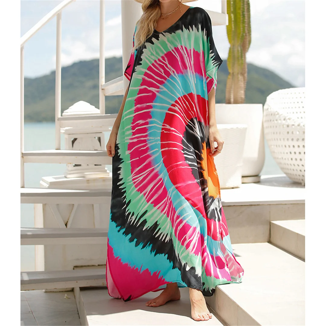 Bedrucktes, kurzärmeliges, V-Ausschnitt-Strandkleid aus Häkelgarn, langes Strandkleid, Strandmode, Damenmode, V7199 – Detail 9