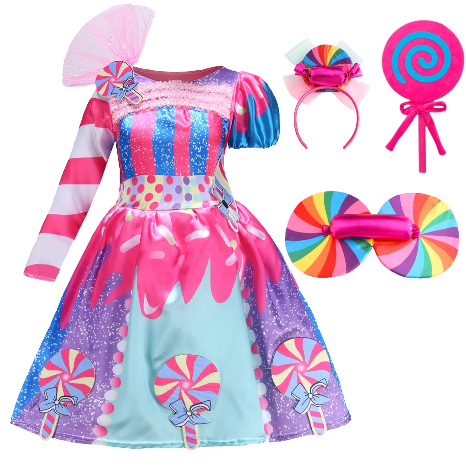 Girls Birthday Lollipop Fantasy Dress Children Carnival Rainbow Candy Costume Princess Party Frock The Festival of Purim