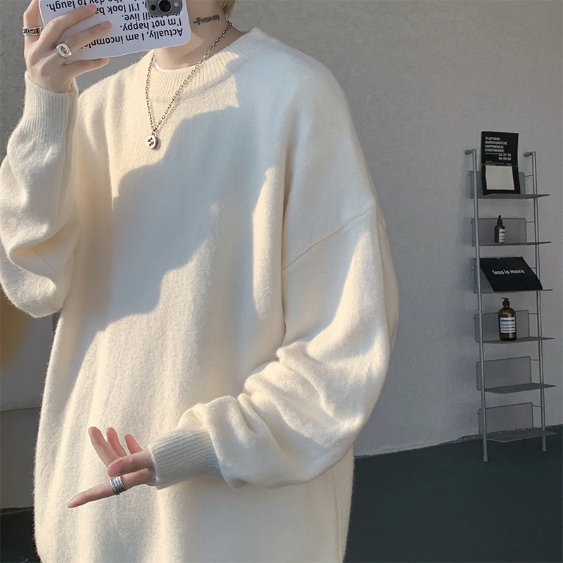 الخريف سترة سوداء الرجال الدافئة موضة عادية البيج بلوفر مغزول الرجال الكورية فضفاضة طويلة الأكمام سترة رجالي البلوز الملابس #2